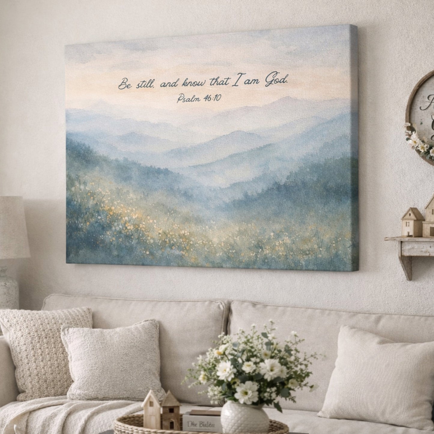 Smoky Mountains Watercolor Bible Verse Canvas — Stretched Matte Canvas