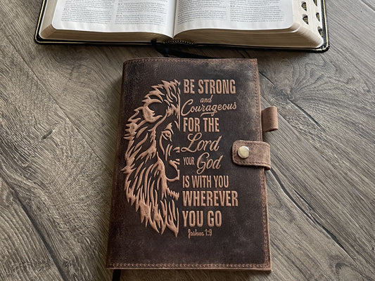 Handmade Leather Journal | Inscribed with a Lion and Bible Verse of Joshua 1:9 - Be Strong & Courageous