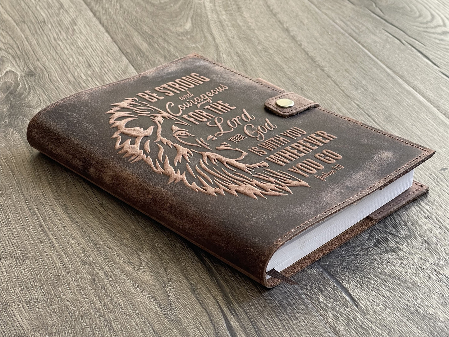 Handmade Leather Journal | Inscribed with a Lion and Bible Verse of Joshua 1:9 - Be Strong & Courageous