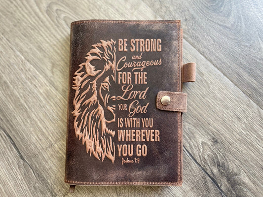 Handmade Leather Journal | Inscribed with a Lion and Bible Verse of Joshua 1:9 - Be Strong & Courageous