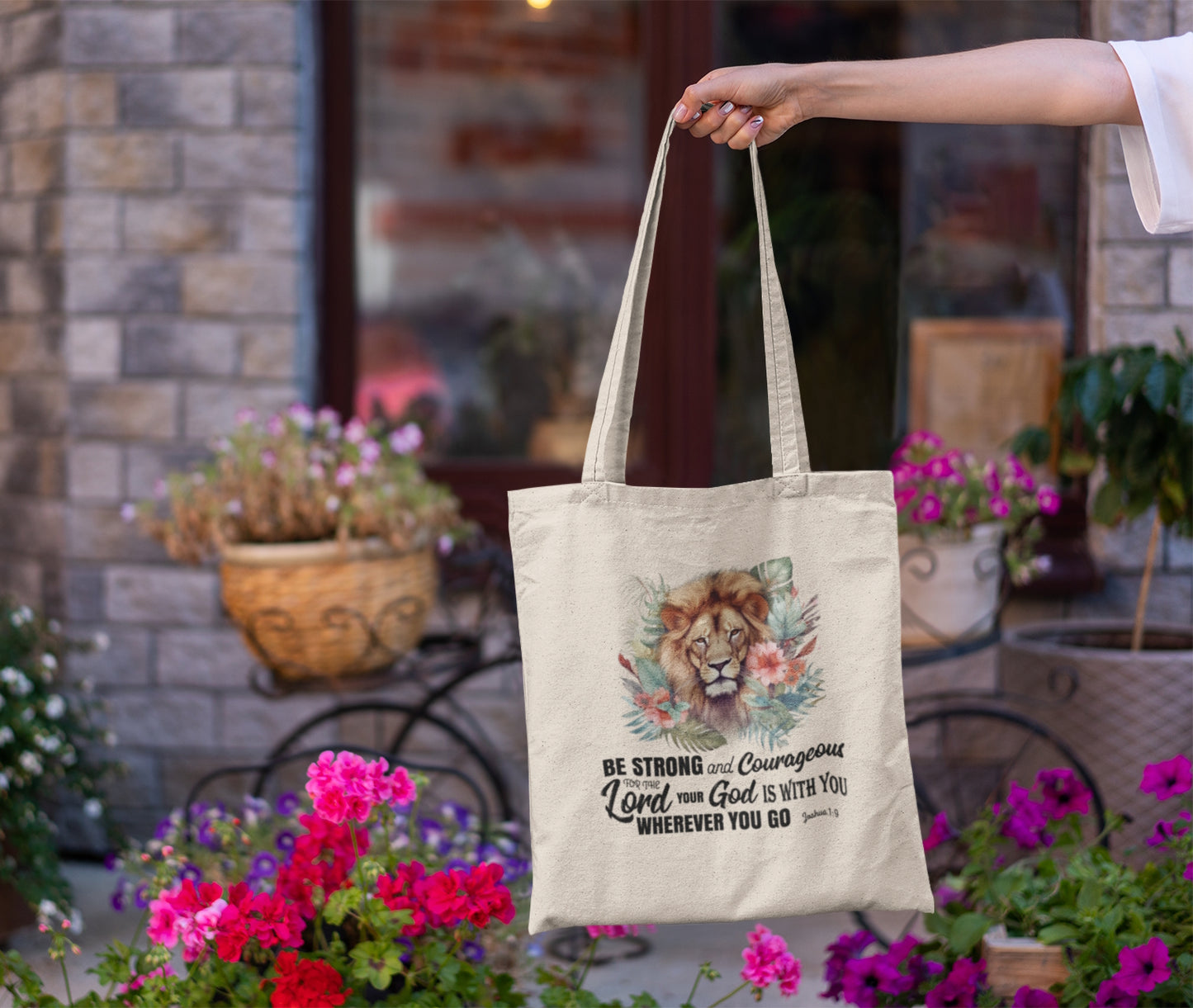 Scripture Tote Bag - Be Strong and Courageous Joshua 1:9 | Floral Lion Christian Tote