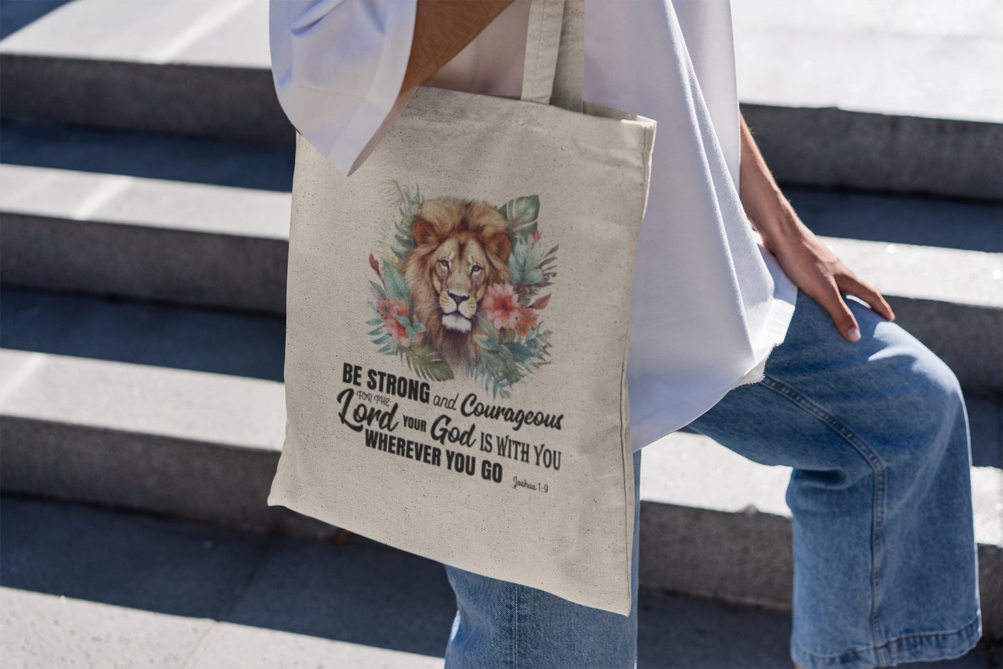 Scripture Tote Bag - Be Strong and Courageous Joshua 1:9 | Floral Lion Christian Tote