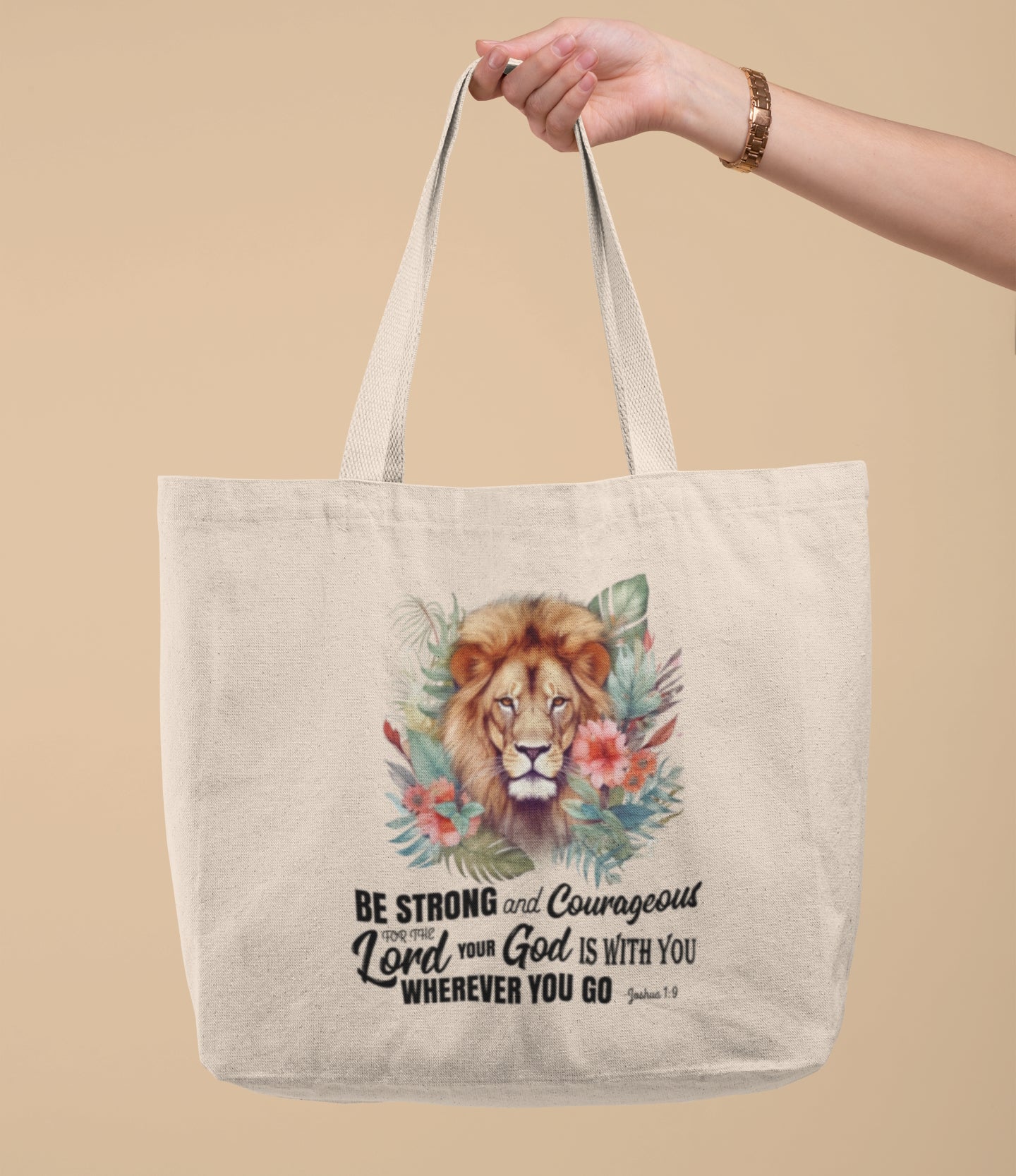 Scripture Tote Bag - Be Strong and Courageous Joshua 1:9 | Floral Lion Christian Tote