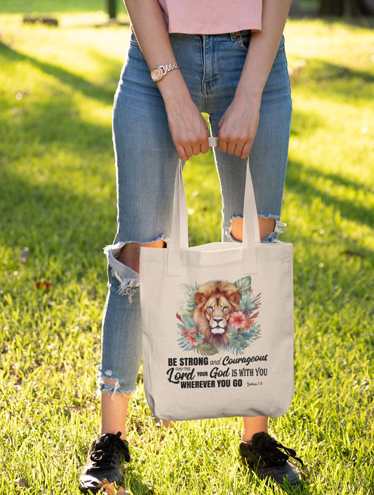 Scripture Tote Bag - Be Strong and Courageous Joshua 1:9 | Floral Lion Christian Tote