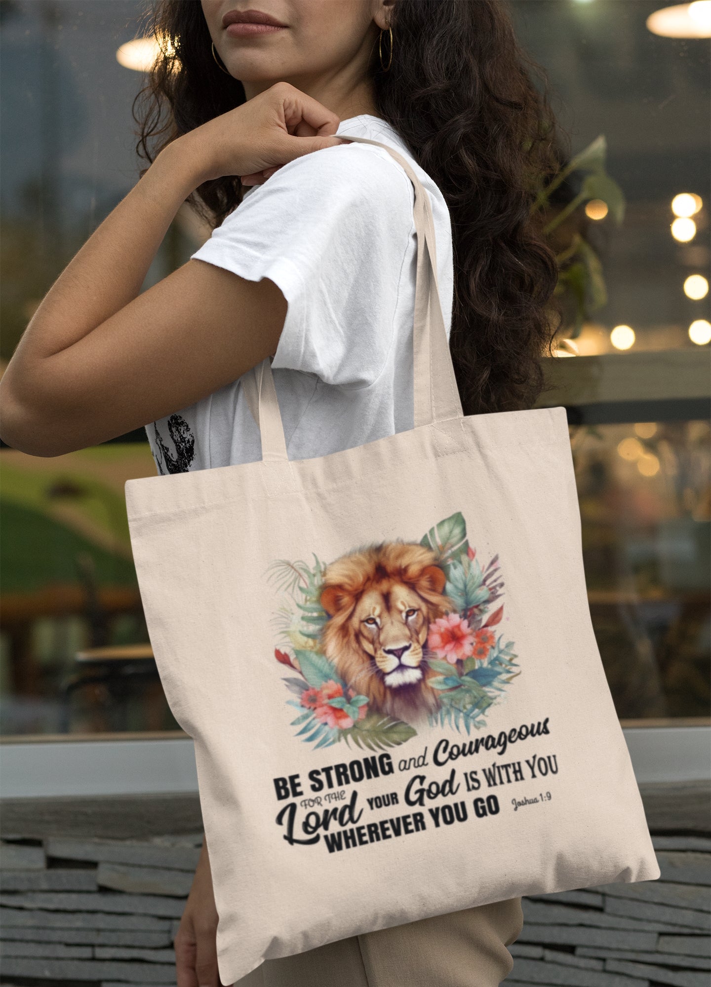 Scripture Tote Bag - Be Strong and Courageous Joshua 1:9 | Floral Lion Christian Tote