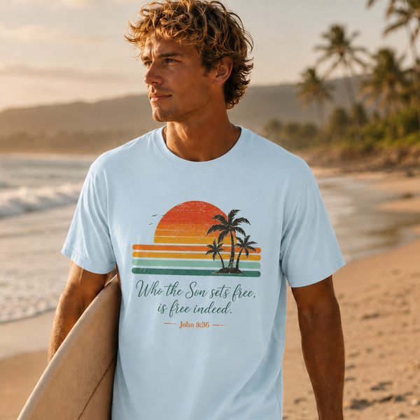 Free Indeed Christian T-Shirt – John 8:36 Bible Verse Hover
