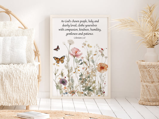 Bible Verse Wildflower Wall Art - Colossians 3: 12 | Butterflies and Flowers Painting Print - Unframed Print