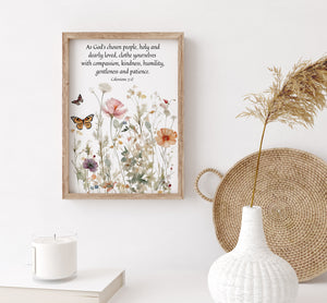 Bible Verse Wildflower Wall Art - Colossians 3: 12 | Butterflies and Flowers Painting Print - Unframed Print