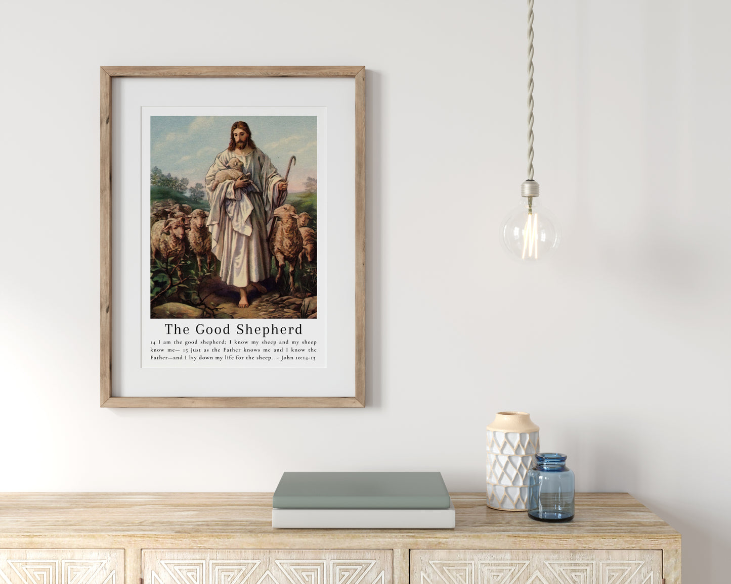 The Good Shepherd - Vintage Jesus Wall Art with Bible Verse from John 10:14   - Unframed Art