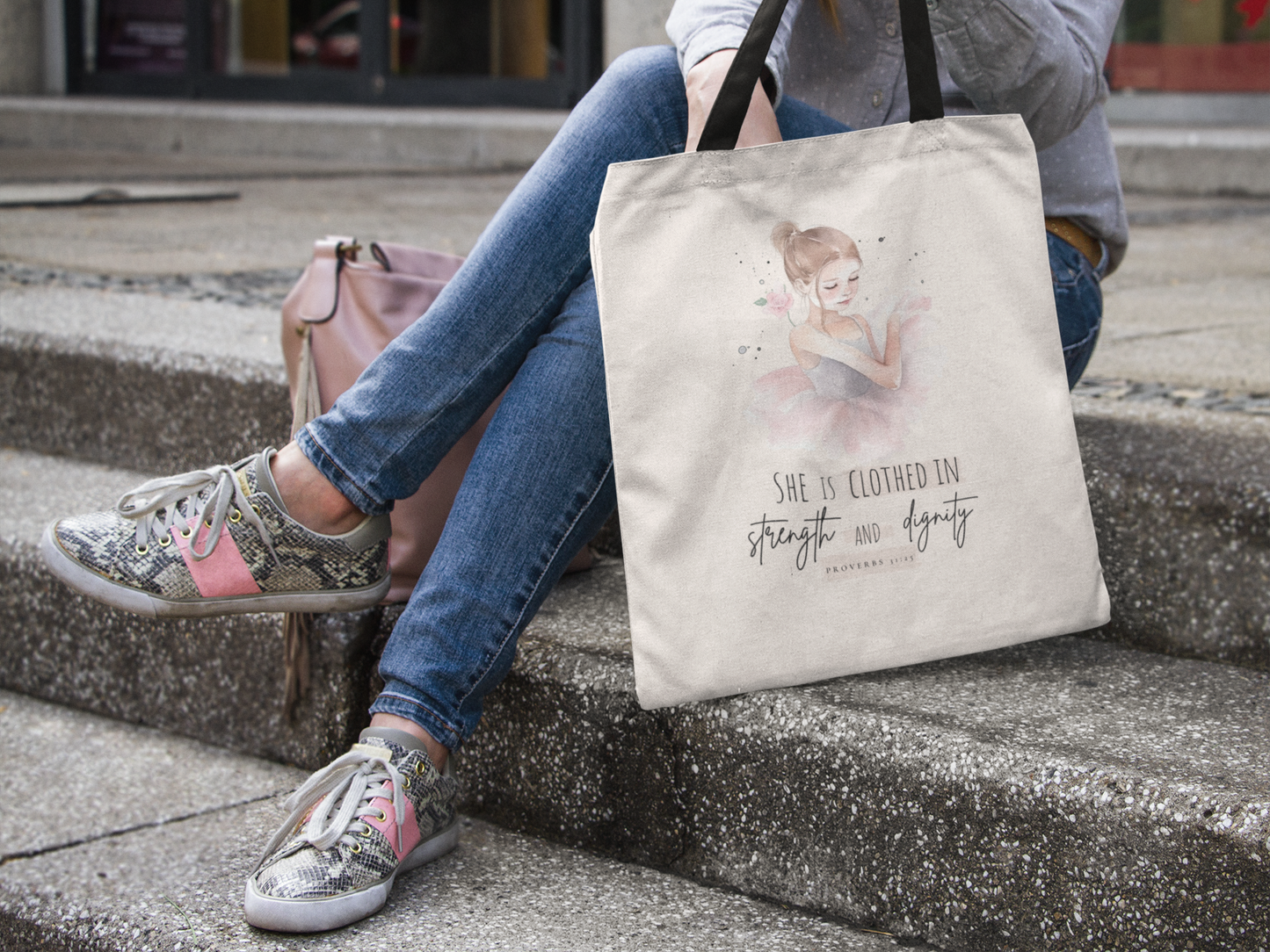 Tote Bag with Ballerina and Bible Verse Proverbs 31:25 "She is Clothed in Strength and Dignity"