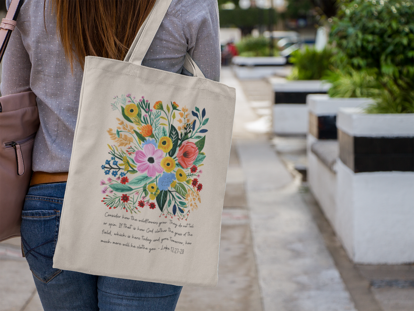 Consider the Wild Flowers Tote Bag with Bible Verse From Luke 12:27