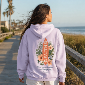 Faith Surfboard Hoodie — Floral Tropical Christian Hoodie ("FAITH" Surfboard Design)