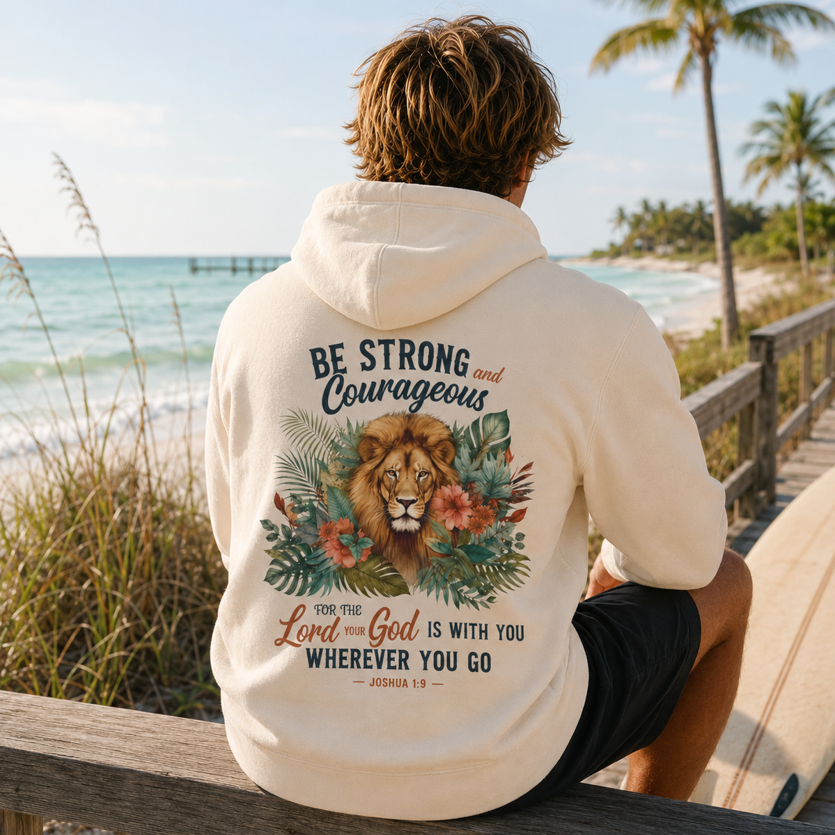 A man sitting on a wooden boardwalk by the beach, viewed from behind, wearing a cream-colored hoodie with a large graphic on the back featuring a lion, tropical leaves, and the text 'BE STRONG and Courageous' and 'YOU THE Lord and God IS WITH YOU WHEREVER YOU GO'.