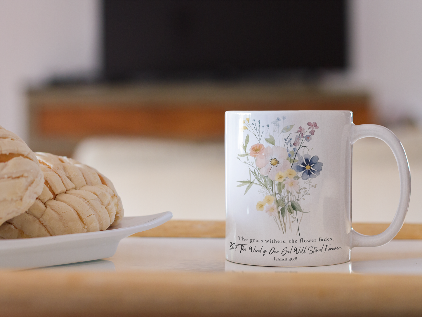 Flower Coffee Mug with Bible Verse Isaiah 40:8 - The Word of God Stands Forever