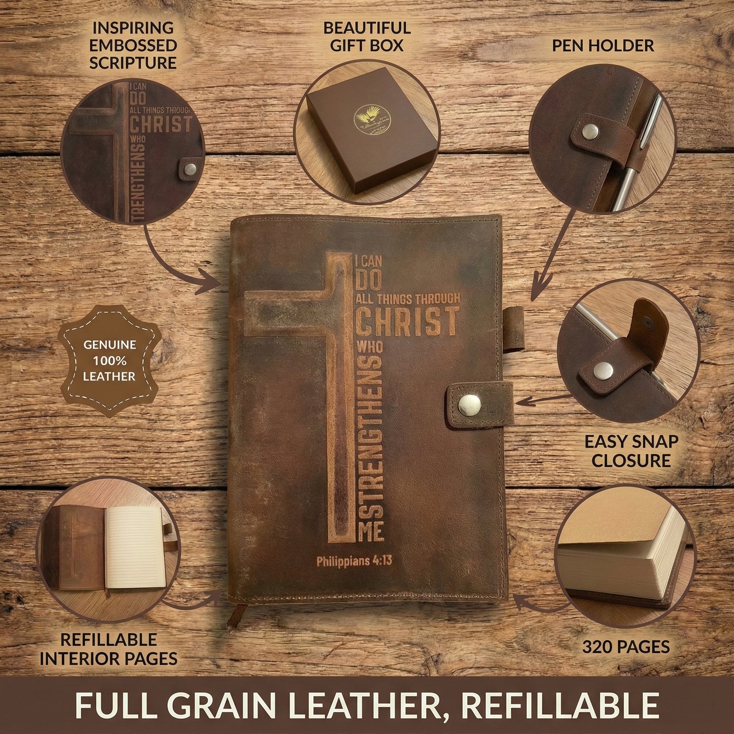 I Can Do All Things Through Christ - Philippians 4:13 Bible Verse | Genuine Leather Journal, Prayer Diary | 320 Pages, Refillable insert
