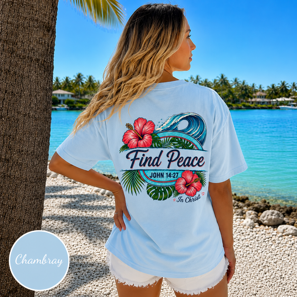 Find Peace In Christ T-Shirt - John 14:27 Floral Surf Christian Tee Hover