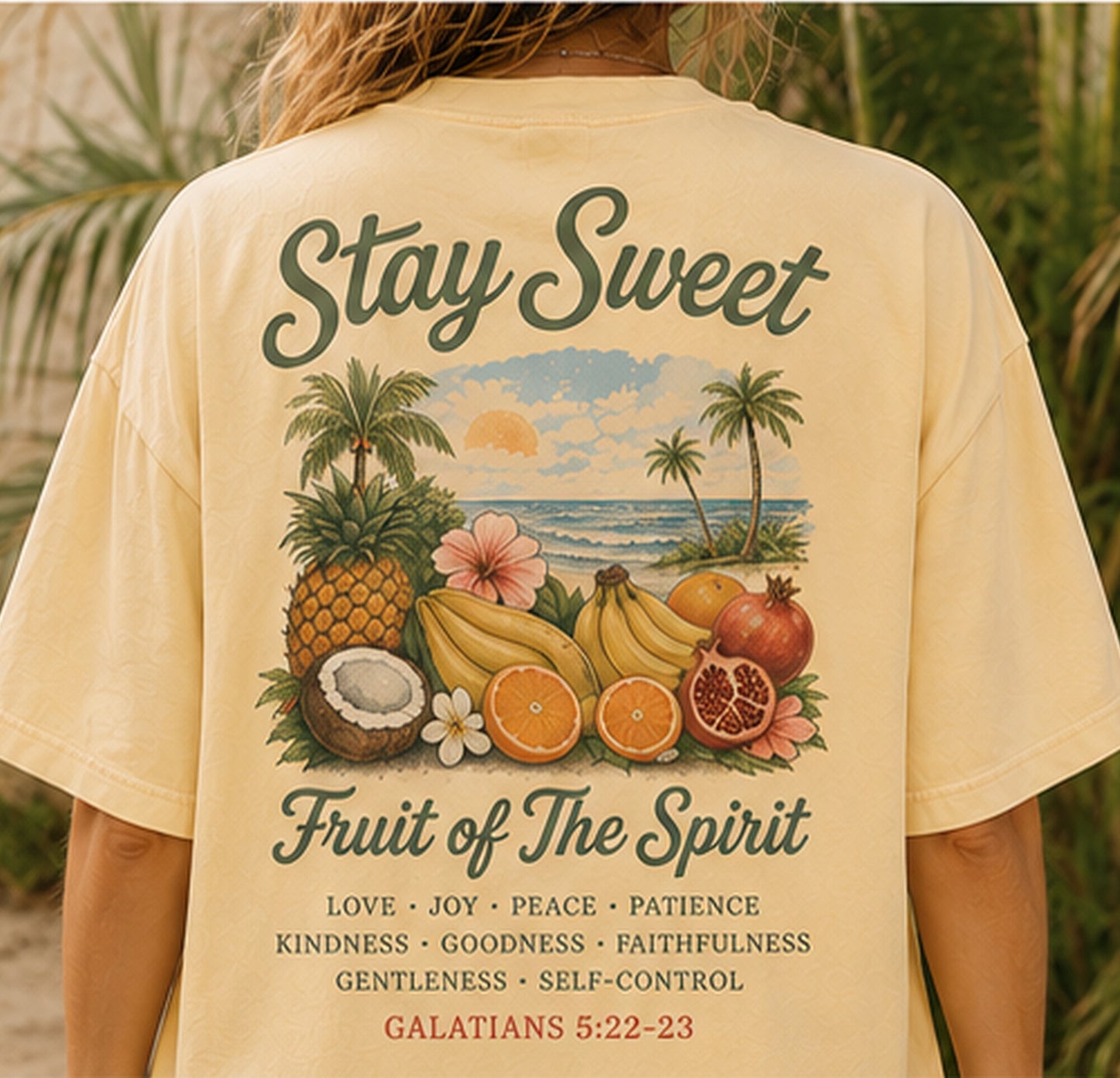 yellow  t-shirt with tropical fruit 'Stay Sweet Fruit of the Spirit' faith verse