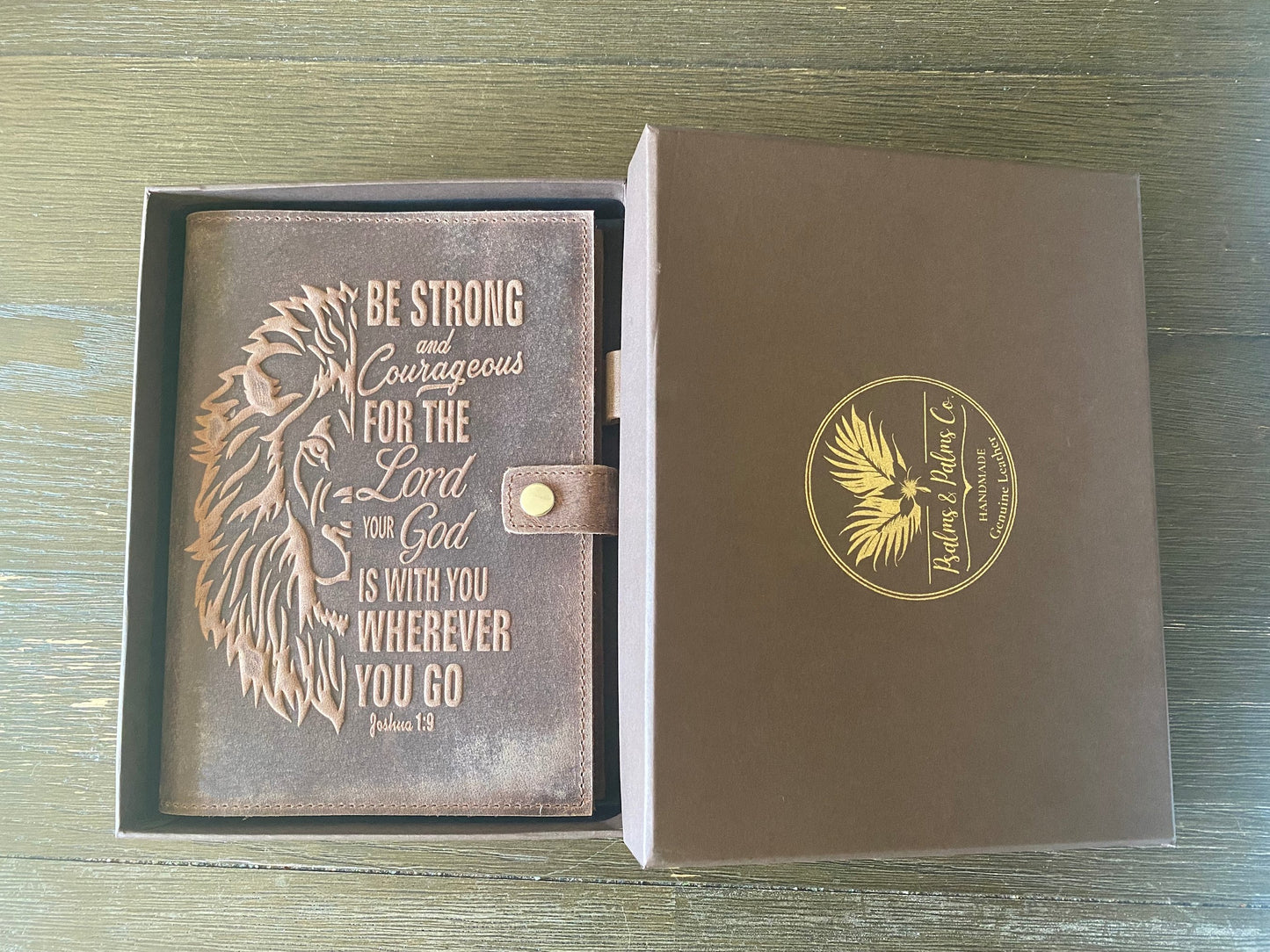 Handmade Leather Journal | Inscribed with a Lion and Bible Verse of Joshua 1:9 - Be Strong & Courageous