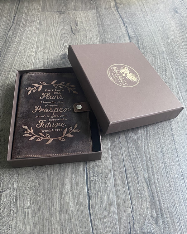 Leather Journal Notebook - For I Know The Plans For You Jeremiah 29:11 Hover