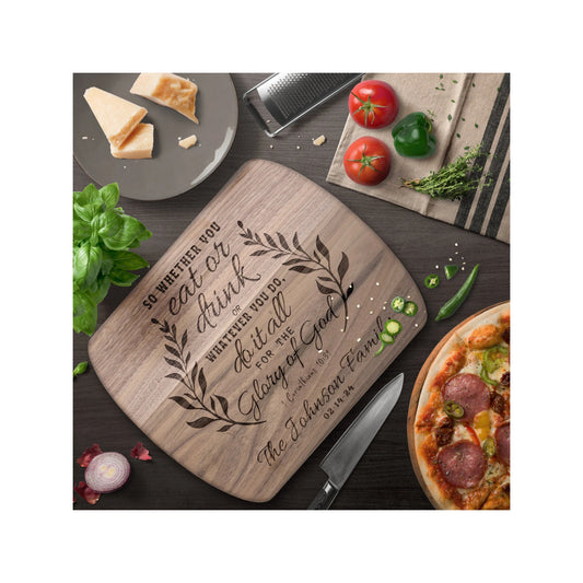 Wooden Cutting Board with Engraved Bible Verse 1 Corinthians 10:31 - Oval Chopping Board