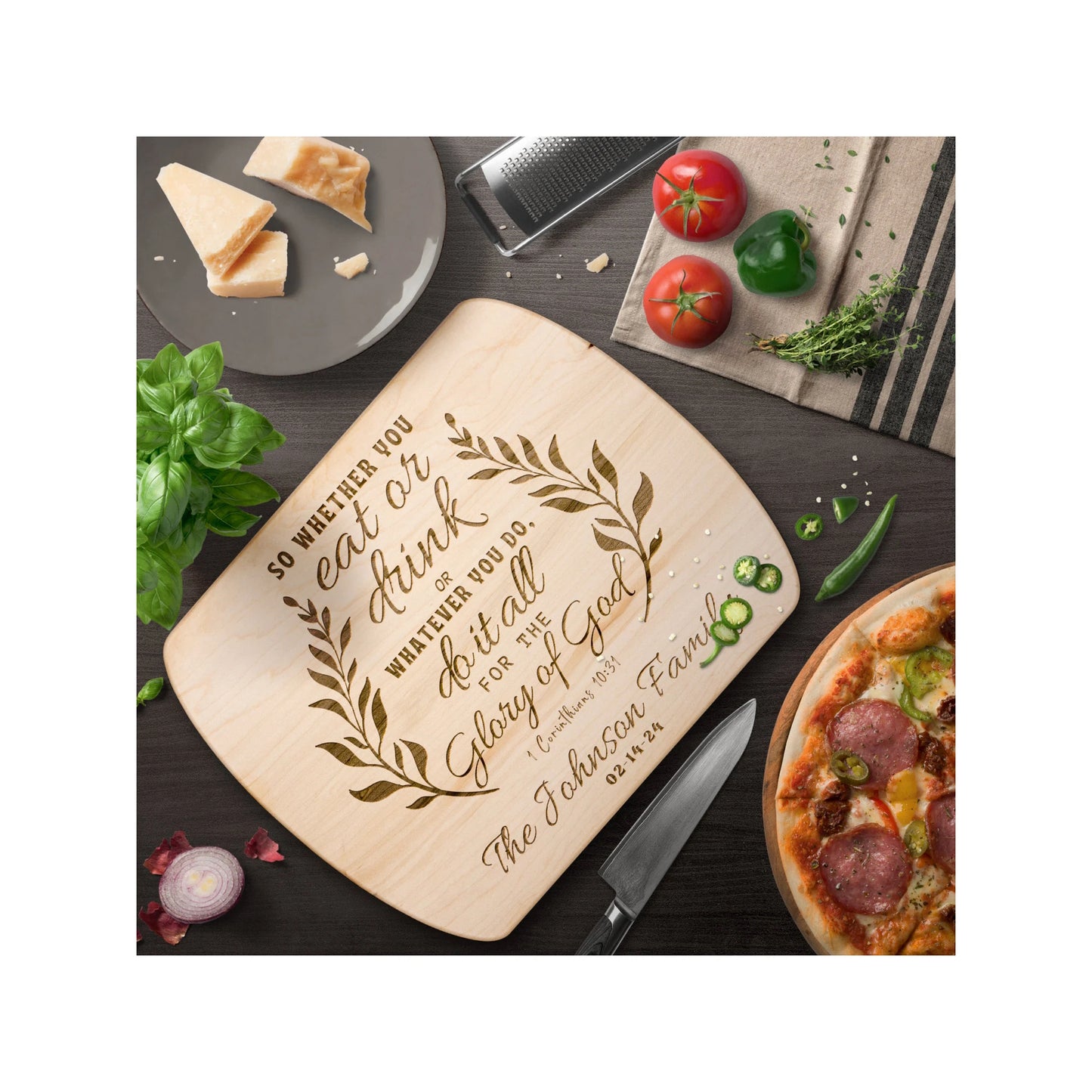 Wooden Cutting Board with Engraved Bible Verse 1 Corinthians 10:31 - Oval Chopping Board