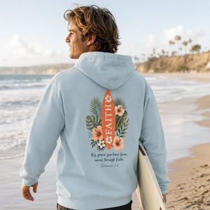 Faith Surfboard Hoodie — Floral Tropical Christian Hoodie ("FAITH" Surfboard Design)