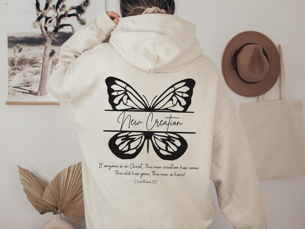 New Creation in Christ Butterfly Christian Hoodie | Bible Verse 2 Corinthians 5:17 Hover