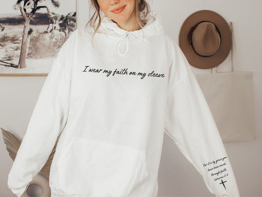 I Wear My Faith On My Sleeve Hoodie | Personalized - Add Your Own Custom Name or Bible Verse on Sleeve