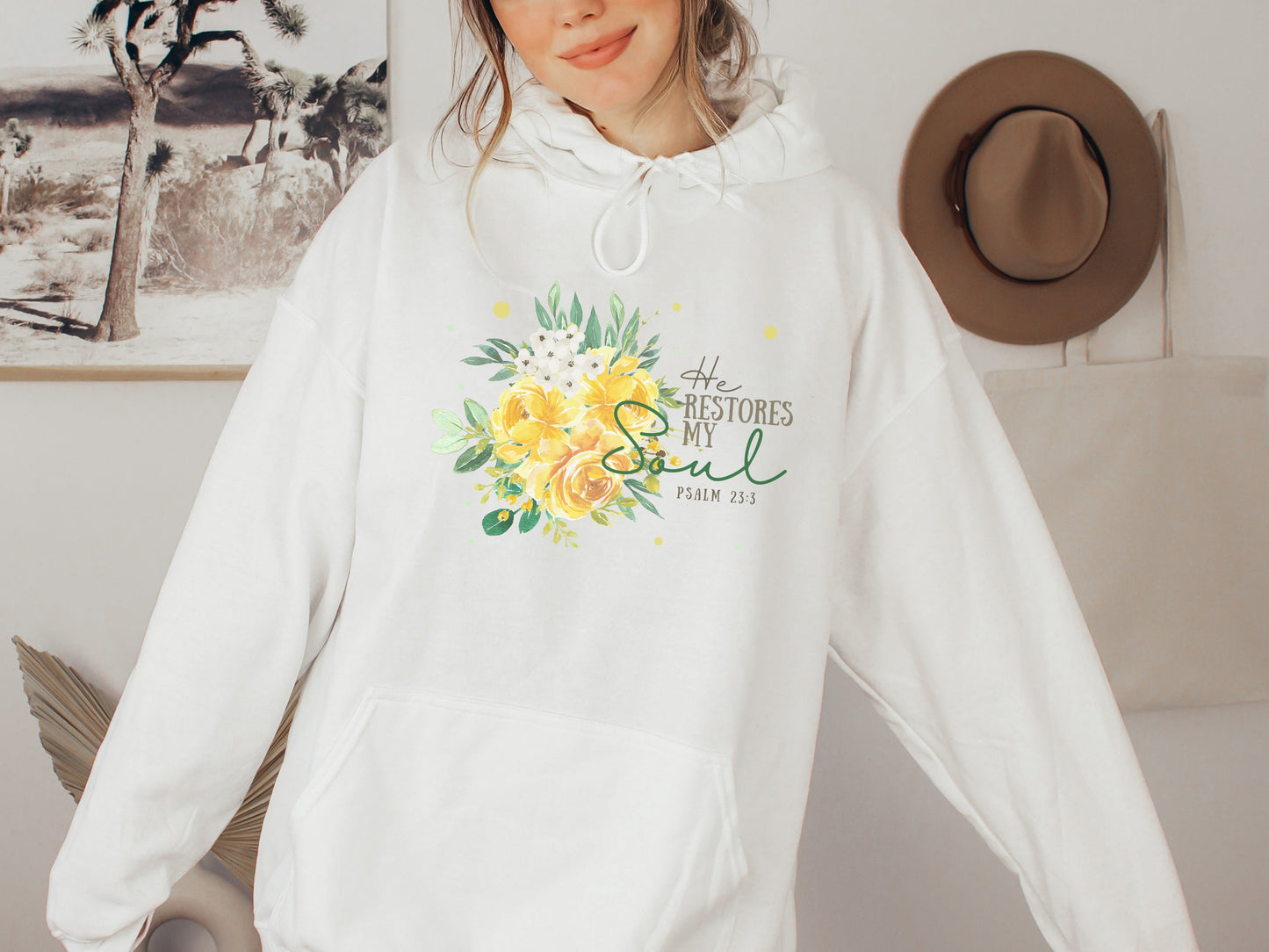 He Restores My Soul - Women's Floral Christian Hoodie With Bible Verse Psalm 23:3