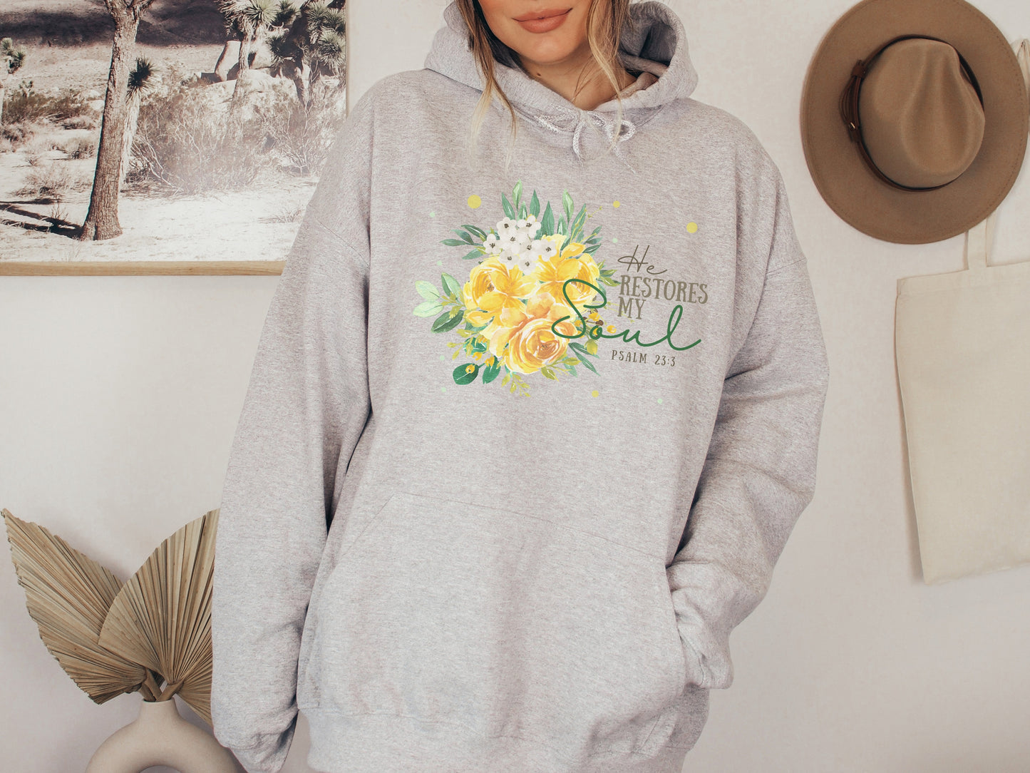 He Restores My Soul - Women's Floral Christian Hoodie With Bible Verse Psalm 23:3