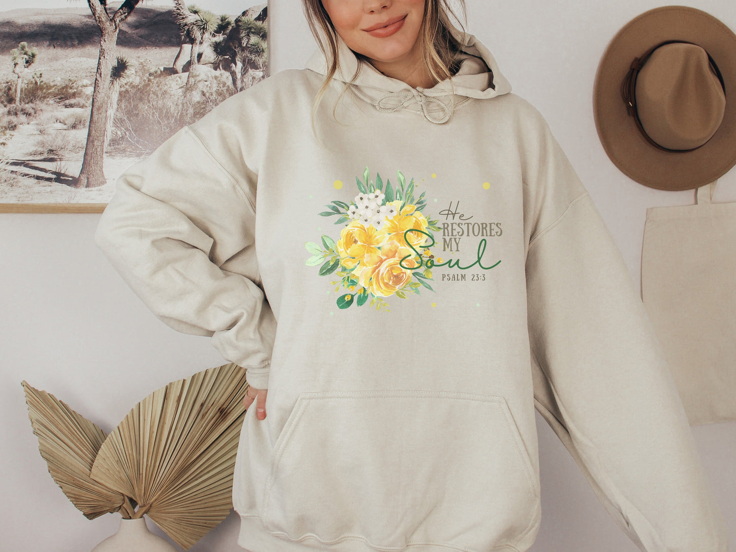 He Restores My Soul - Women's Floral Christian Hoodie With Bible Verse Psalm 23:3