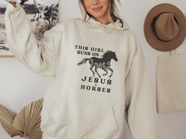 Horse Hoodie - This Girl Runs On Jesus & Horses | Girl's/Women's Horse Sweatshirt Hover