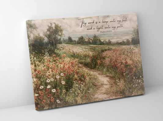 Canvas Gallery Wrap- Thy Word Is A Lamp Onto My Feet Psalm 119 | Wildflower Field Art - Bible Verse Canvas