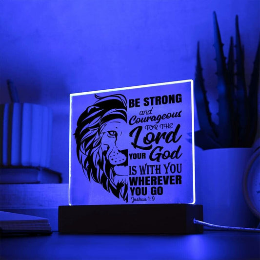 Be Strong and Courageous Bible Verse LED Light | Custom LED Night Light | Inscribed with Joshua 1:9 & Lion (Black)