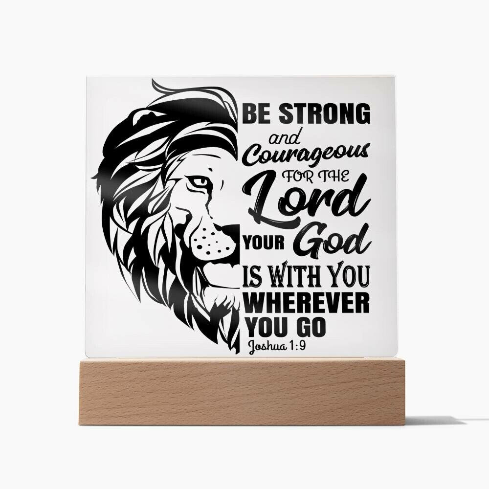 Be Strong and Courageous Bible Verse LED Light | Custom LED Night Light | Inscribed with Joshua 1:9 & Lion (Black)