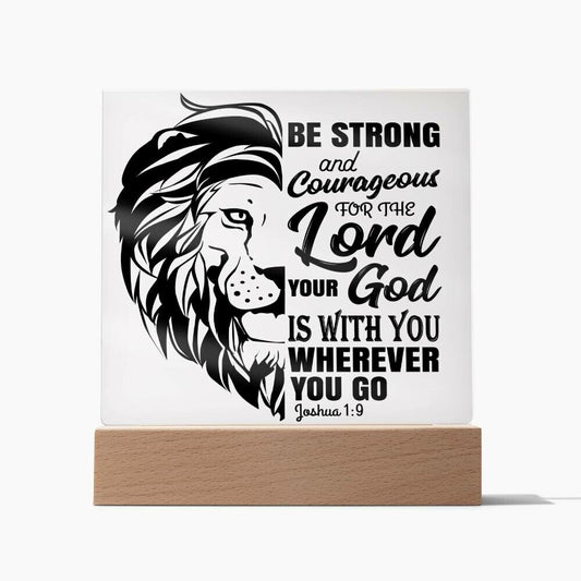 Be Strong and Courageous Bible Verse LED Light | Custom LED Night Light | Inscribed with Joshua 1:9 & Lion (Black)