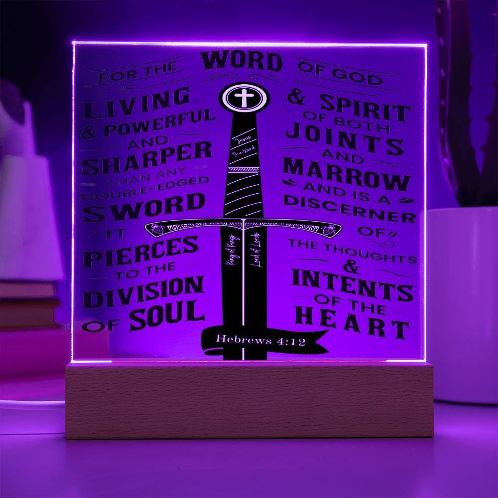 The Word of God - Bible Verse LED Light | Scripture Night Light - Acrylic Sign Inscribed with Hebrews 4:12