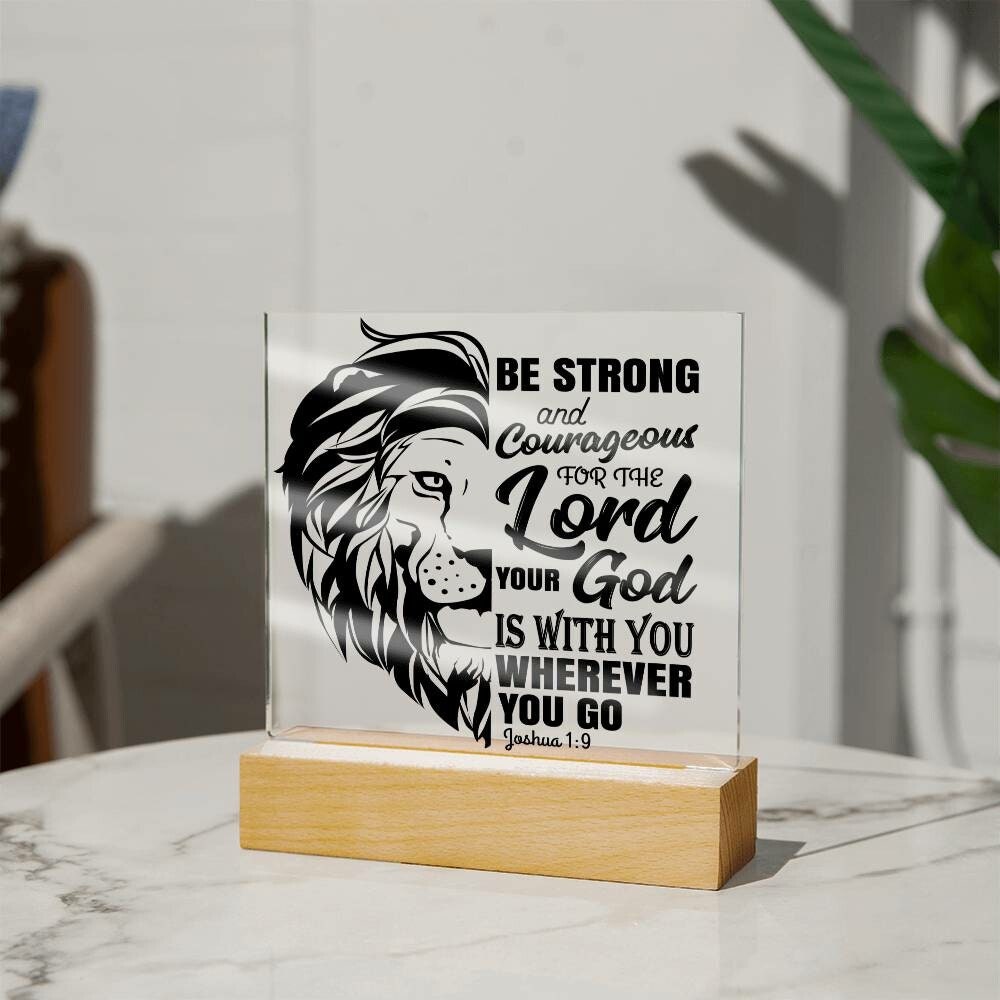 Be Strong and Courageous Bible Verse LED Light | Custom LED Night Light | Inscribed with Joshua 1:9 & Lion (Black)