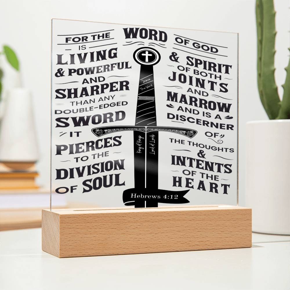 The Word of God - Bible Verse LED Light | Scripture Night Light - Acrylic Sign Inscribed with Hebrews 4:12