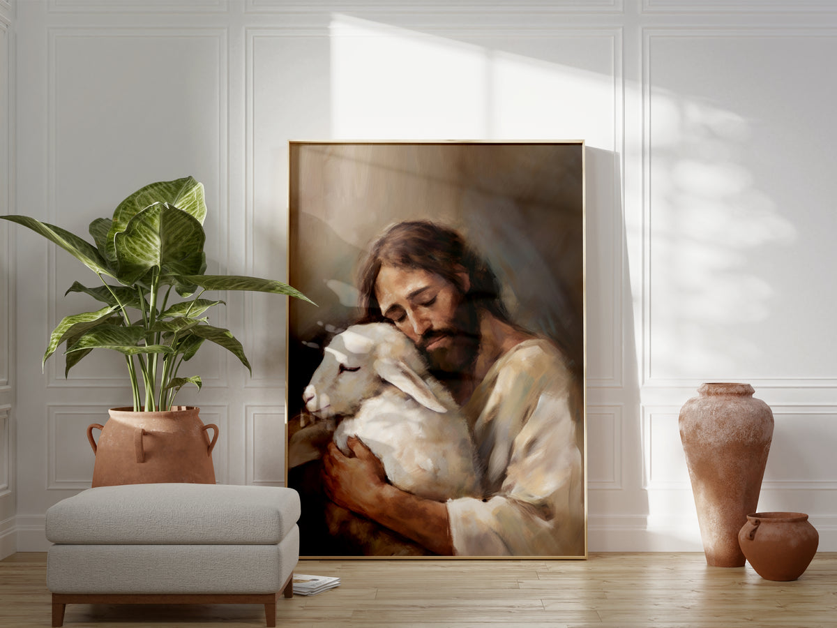 Jesus The Good Shepard & The Lost Sheep Painting Print | Jesus Christ Wall Art Unframed Print