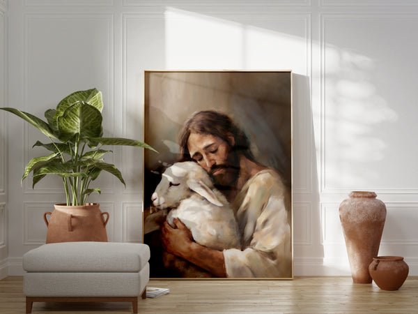 Jesus The Good Shepard & The Lost Sheep Painting Print | Jesus Christ Wall Art Unframed Print