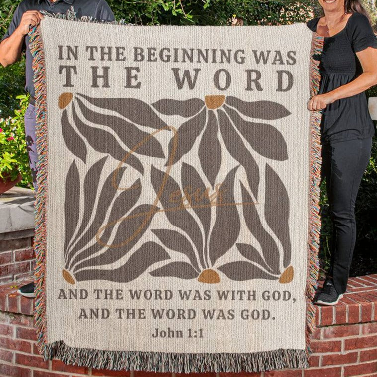 John 1:1 Woven Blanket - In The Beginning Was The Word | Jesus Blanket, Bible Verse Blanket - Cotton Woven Blanket