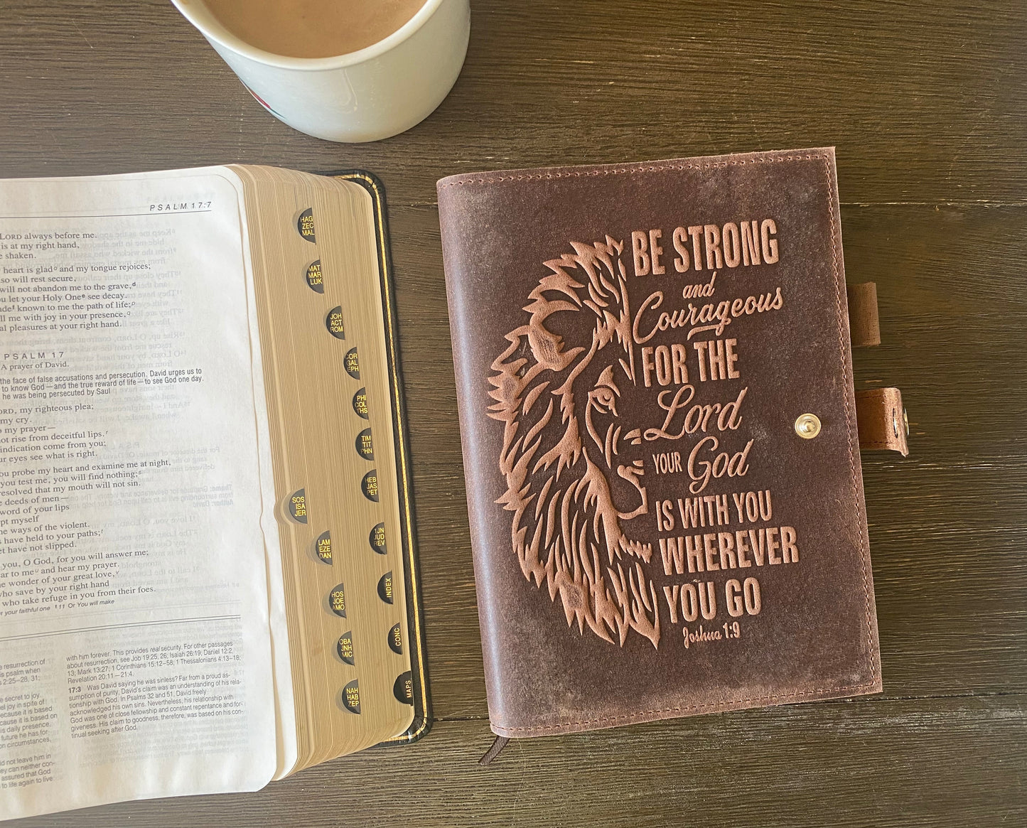 Handmade Leather Journal | Inscribed with a Lion and Bible Verse of Joshua 1:9 - Be Strong & Courageous