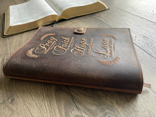 Handmade Refillable Leather Journal | Engraved Journal with Bible Verses - Pray, Faith, Hope, Love