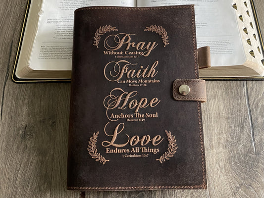 Handmade Refillable Leather Journal | Engraved Journal with Bible Verses - Pray, Faith, Hope, Love