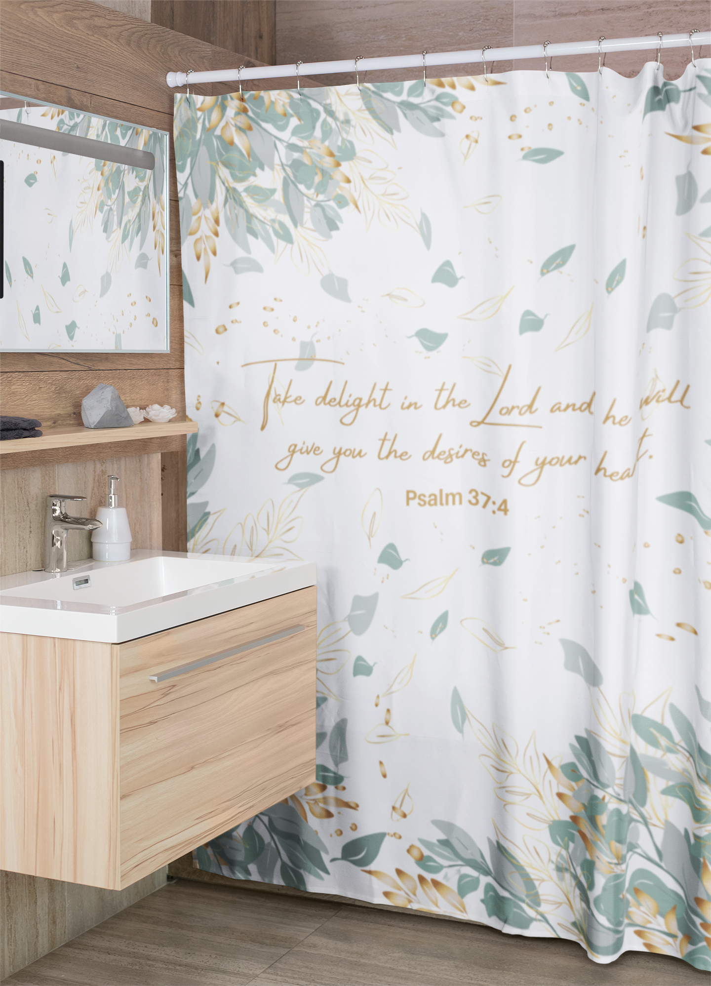 Take Delight In The Lord - Psalm 37:4 Bible Verse Shower Curtain with Eucalyptus Leaves