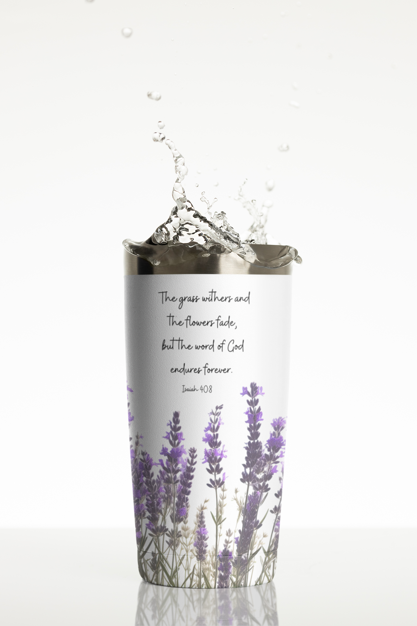 Christian Tumbler 20oz | Lavender Flower Tumbler With Two Powerful Bible Verse - The Word of God Endures Forever