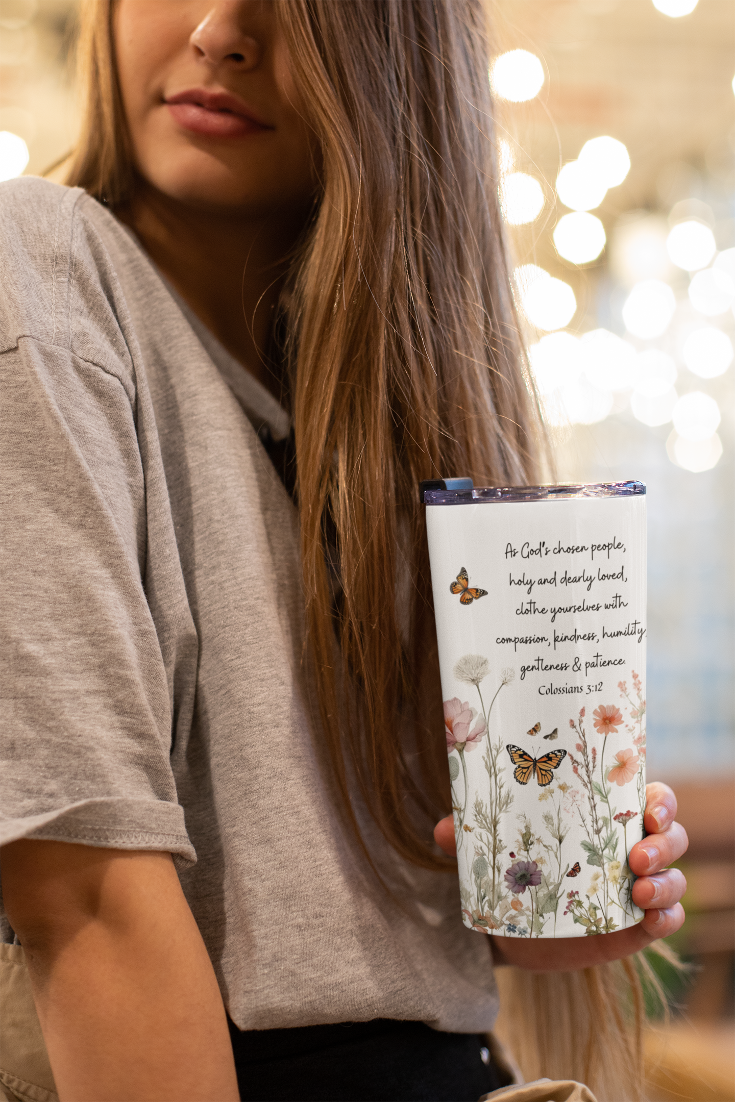 Christian Bible Verse Tumbler 20oz - Colossians 3:12 | Wildflowers & Butterfly Flower Garden