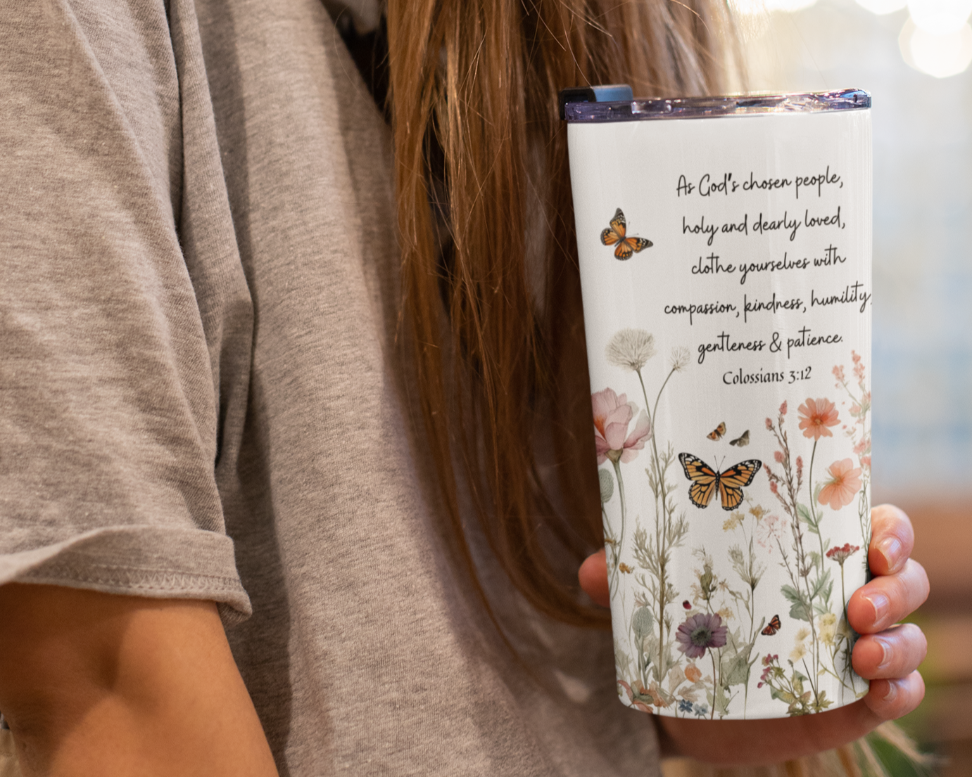 Christian Bible Verse Tumbler 20oz - Colossians 3:12 | Wildflowers & Butterfly Flower Garden