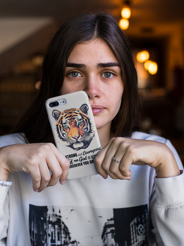 Eye of the Tiger iPhone Case with Bible Verse | Joshua 1:9 - Be Strong and Courageous Bible Verse Phone Case Hover